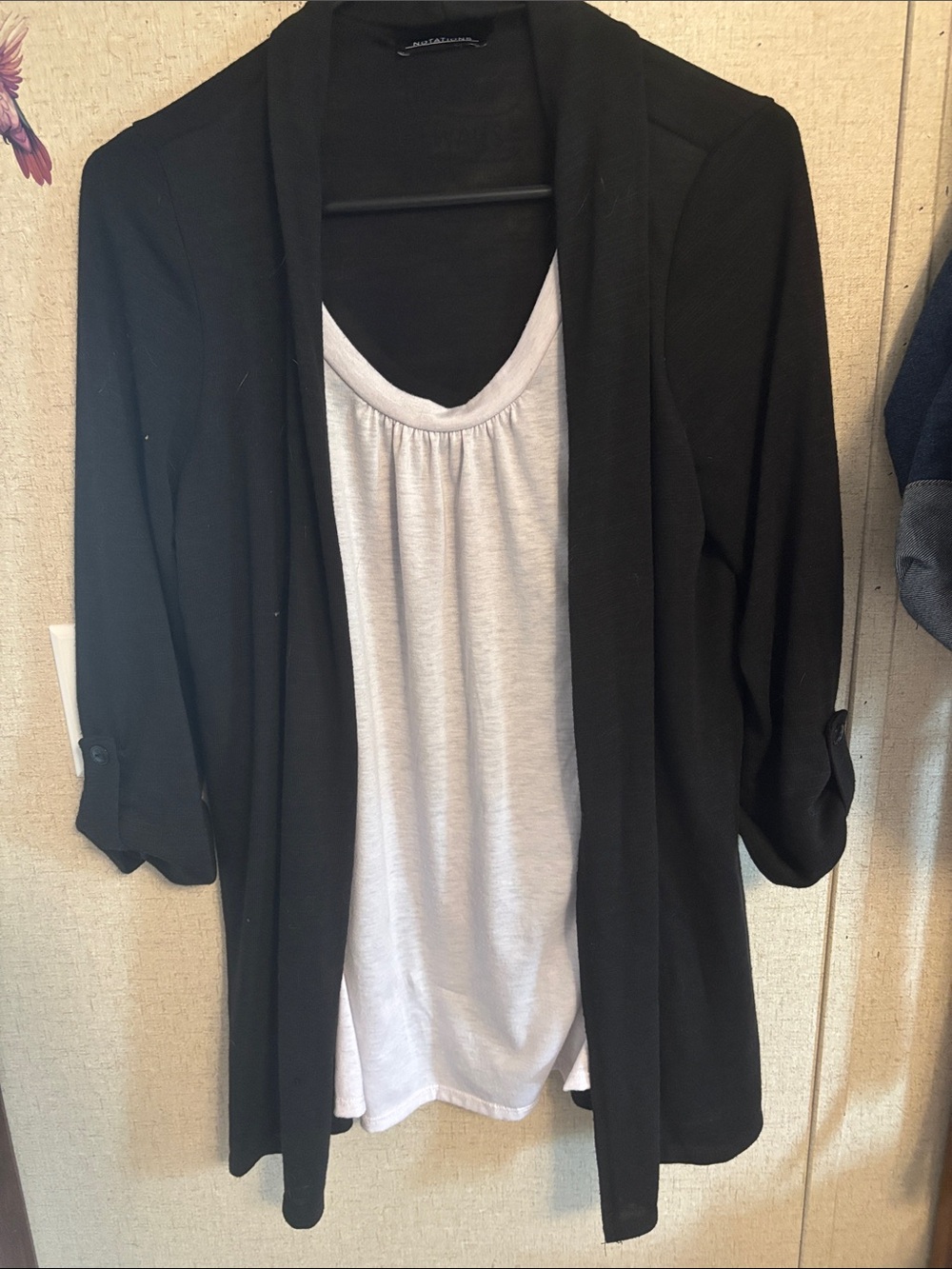 Black Open-Front Women's Cardigan with White Layered Tank